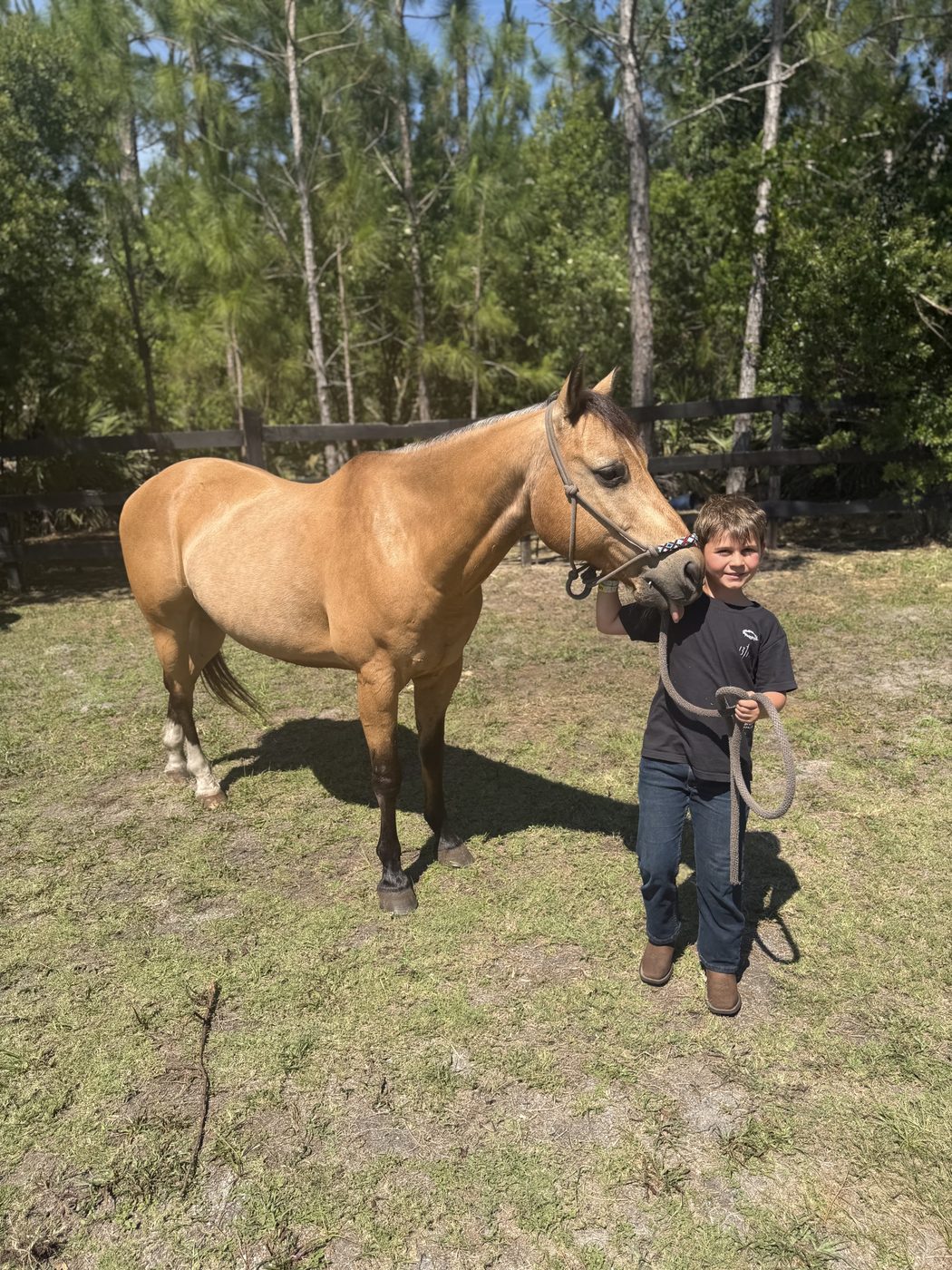 A young boy holds the lead rope of a buckskin horse in a grassy field at The Refuge