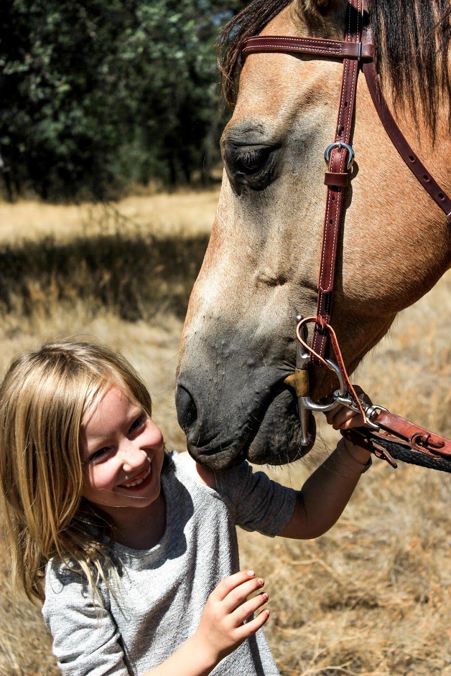 A smiling girl with a buckskin horse